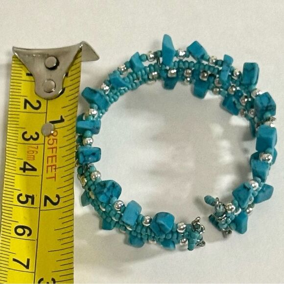 Turquoise Wide Chunky Multi-Strand Beaded Coiled Bangle Bracelet, Stretchy - Picture 3 of 9